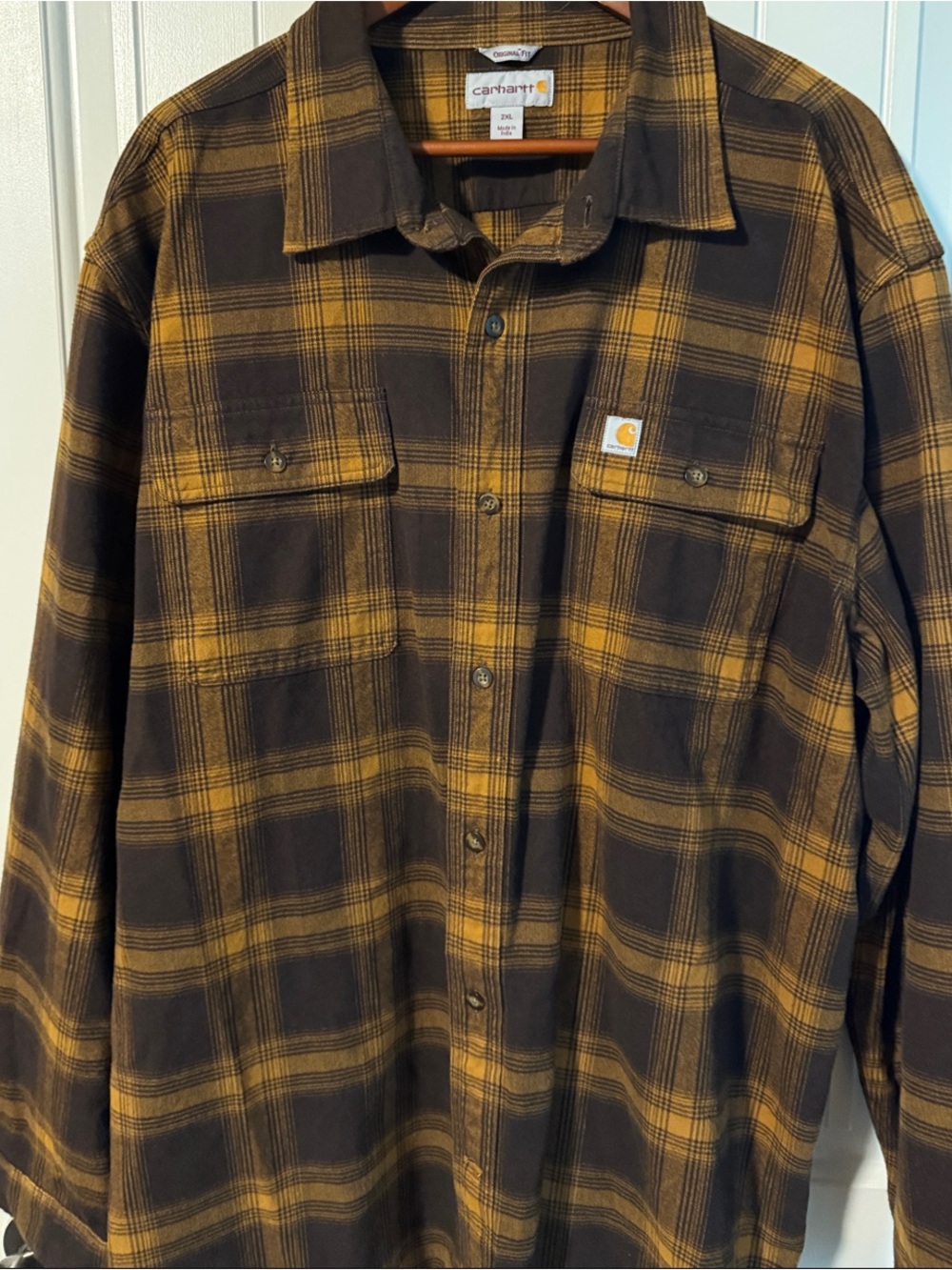 Men’s Carhartt Brown and Mustard Plaid Heavy Flannel Shirt Jacket Sz 2XL